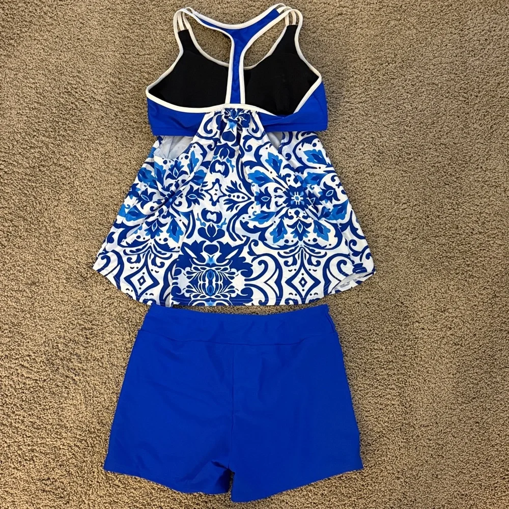 Blue Patterned Tankini Set Large - Picture 4 of 7